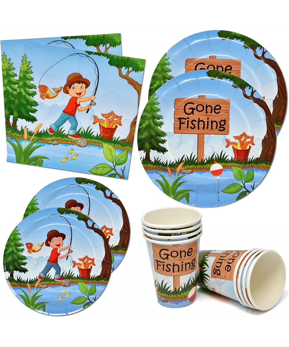 Little Fisherman Gone Fishing Party Supplies Tableware Set 24 9" Paper Dinner Plates 24 7" Dessert Plate 24 9 Oz Cups 50 Lunc...