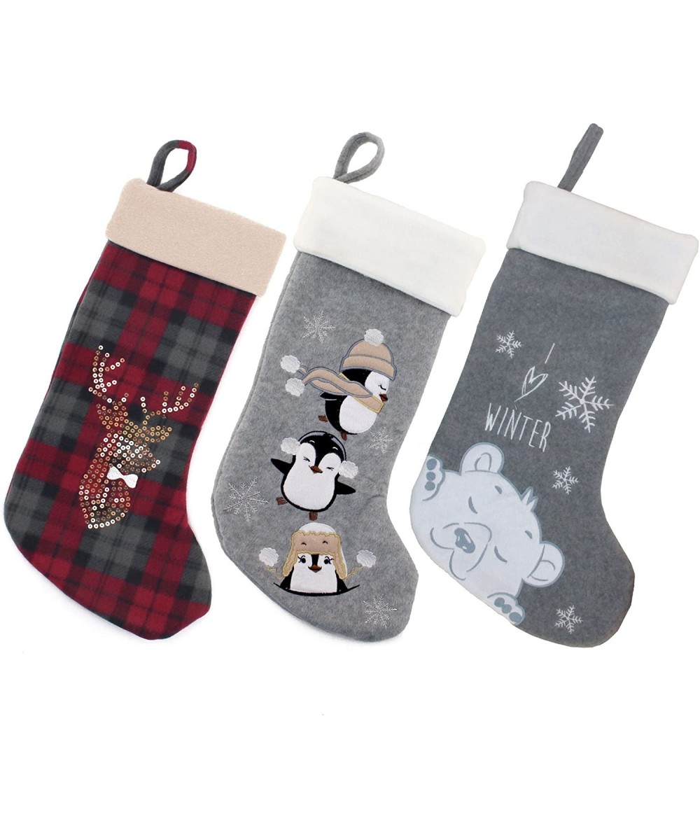 3 Pcs Set 18" Classic Hand Embroidered Sequined Cute Animal Christmas Stocking- Assortment 98 - Assortment 98 - CC129954ZZT $...
