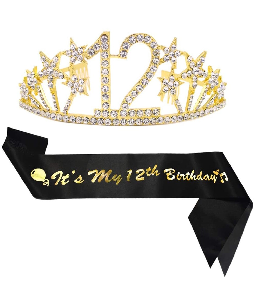 12th Birthday Sash and Tiara Kit 12th Birthday Sash and Birthday Queen Rhinestone Crown Black Sash and Gold Crystal Tiara for...
