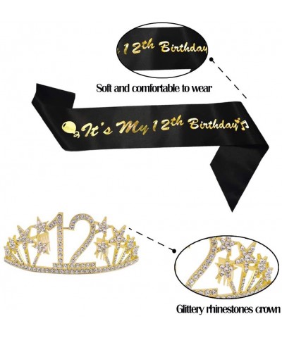 12th Birthday Sash and Tiara Kit 12th Birthday Sash and Birthday Queen Rhinestone Crown Black Sash and Gold Crystal Tiara for...