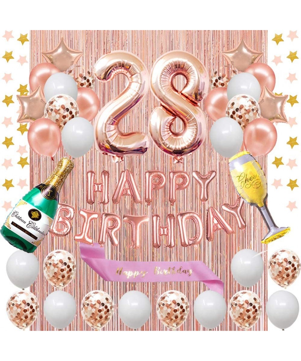 28th Birthday Decorations - Rose Gold Happy Birthday Banner and Sash with Number 28 Balloons Latex Confetti Balloons Ideal fo...