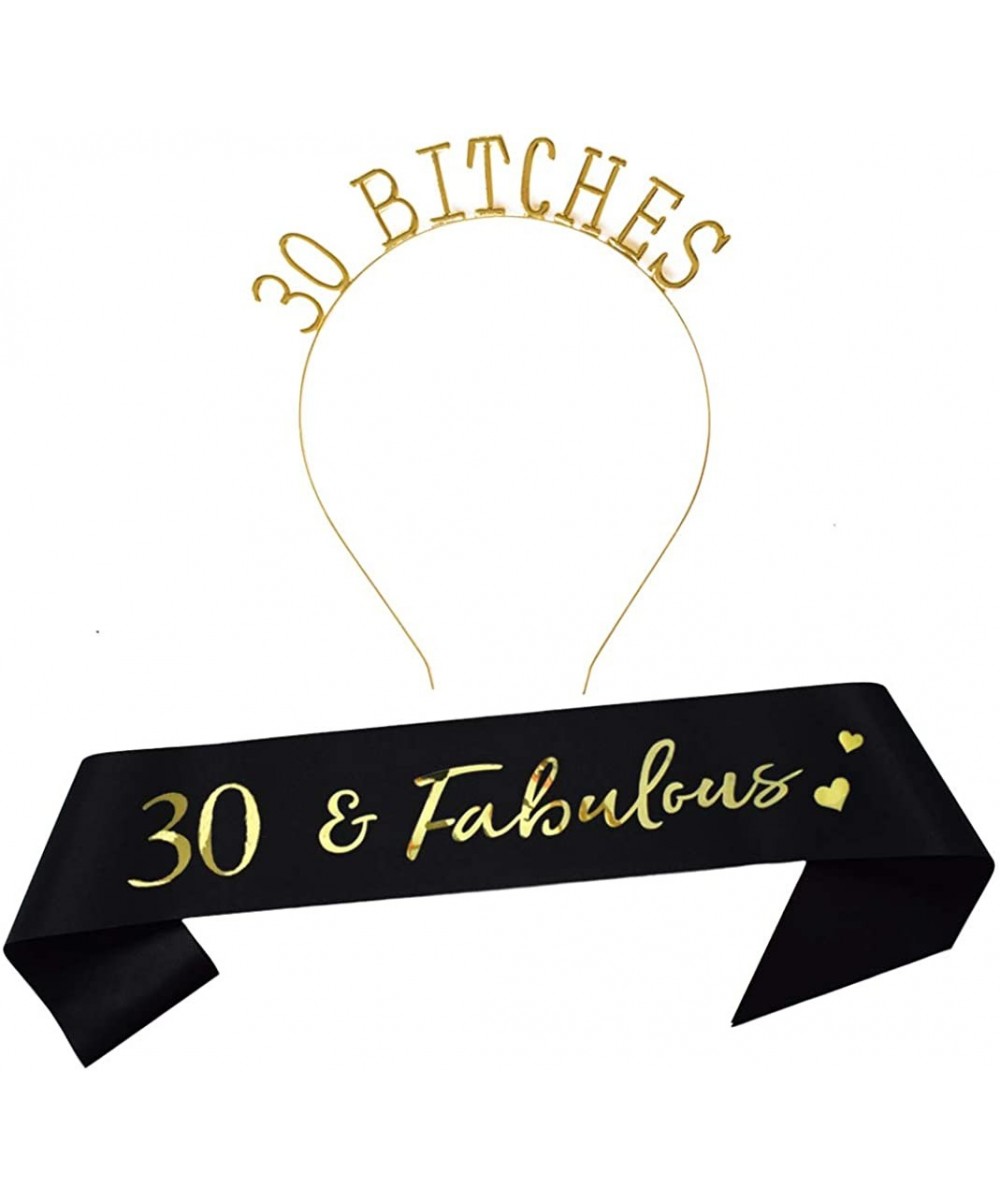 30th Birthday Tiara and Sash Happy 30th Birthday Party Supplies 30 Fabulous Black Glitter Satin Sash and Headband Birthday Pr...