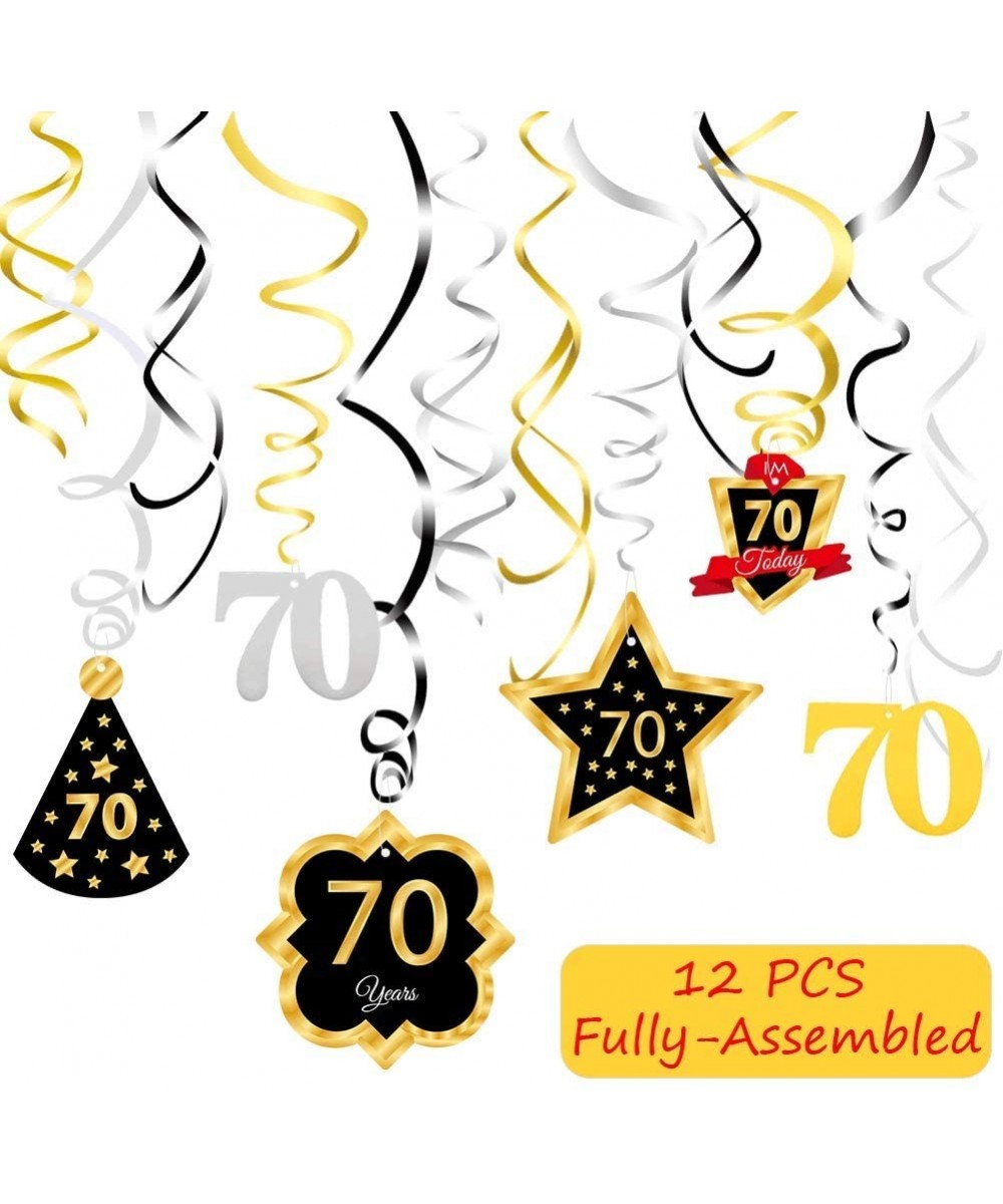 70 Birthday Decoration Ceiling Hanging Swirls- Happy 70th Birthday Party Silver Black Gold Foil Swirl Streamers- Birthday Par...