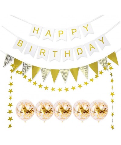 Birthday Party Wall Decoration - Metallic Gold HAPPY BIRTHDAY Banner & Triangle Flags Paper Banner & Star Garland & Confetti ...