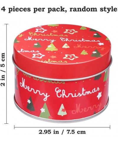 4pcs Christmas Tin Gift Box Round Cookie Candy Storage Containers Tin Holders Box Set with Lids 3x3x2 Inch Random Pattern - C...