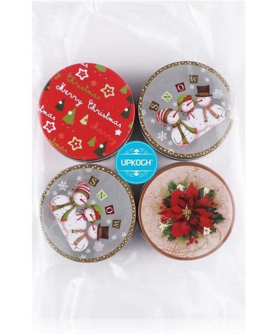 4pcs Christmas Tin Gift Box Round Cookie Candy Storage Containers Tin Holders Box Set with Lids 3x3x2 Inch Random Pattern - C...