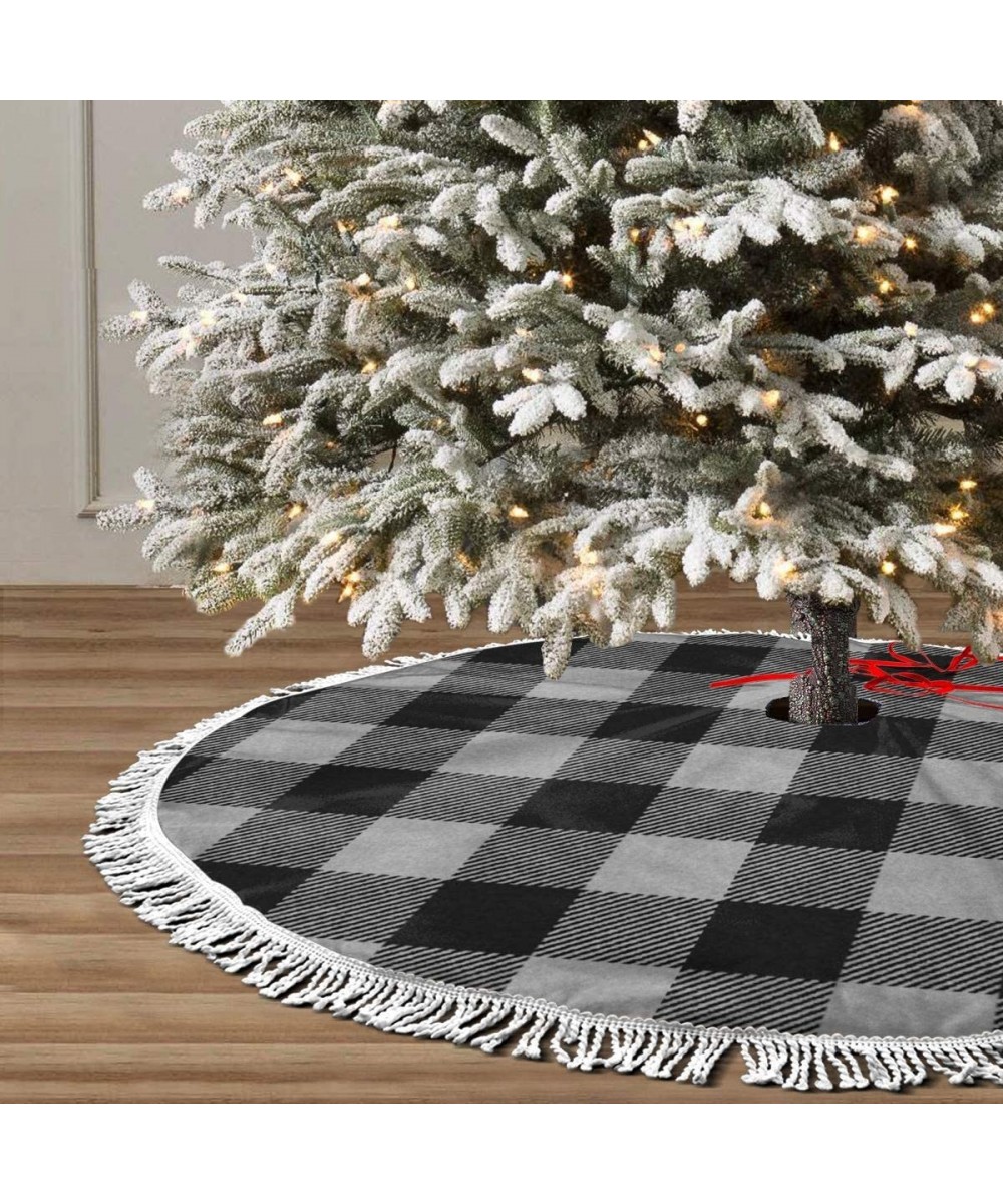 Christmas Tree Skirt 48" Inch Black and White Plaid Buffalo Xmas Tree Skirt Mat with White Tassel for Party Holiday- Tree Ski...