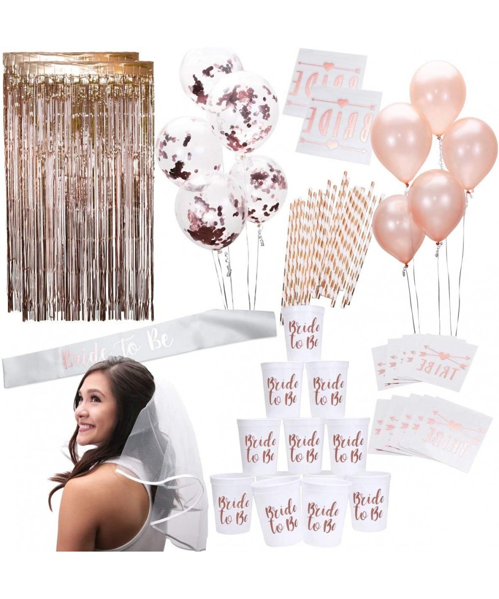 Rose Gold Pink Bachelorette Party Supplies Decorations Kit - Balloons- Backdrop- Cups- Straws- Tattoos- Sash- and Veil - CU18...