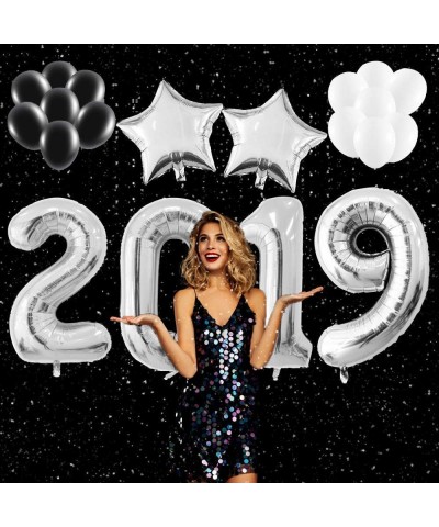 2019 Balloons Silver Decorations Banner Kit-Large Silver 2019 Balloons - Silver Stars Balloons - Black White Latex Balloons f...