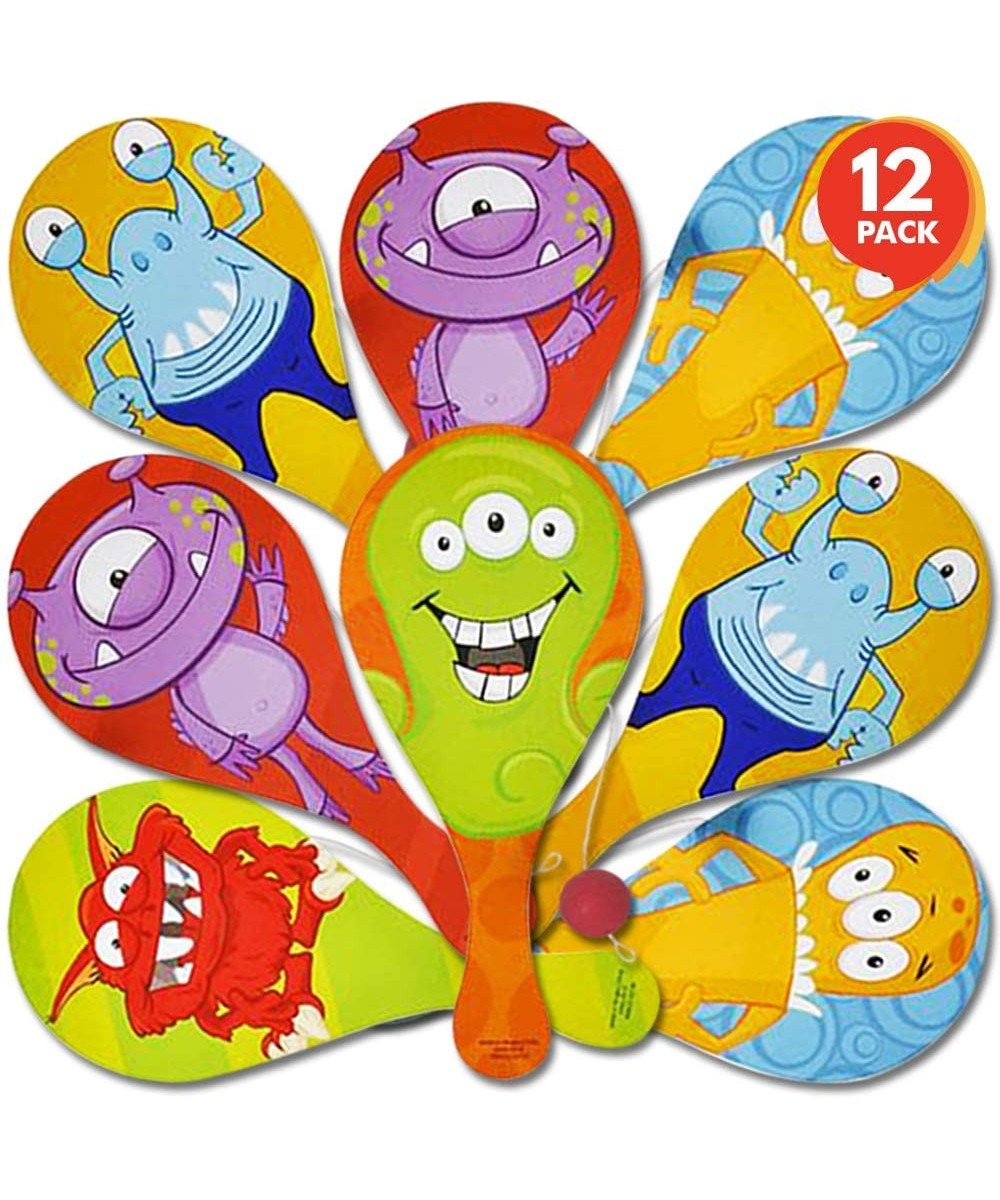 Monster Figure Paddle Balls- Pack of 12- 9.25 Inch Wooden Paddleball with String- Assorted Bright Colors and Designs- Great P...