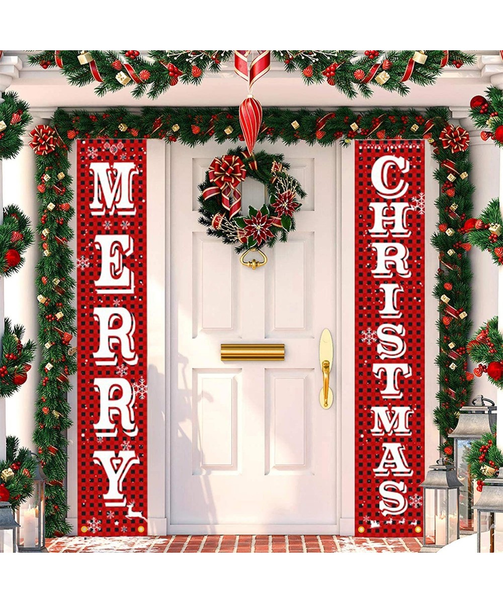 Christmas Door Banner- Merry Xmas Decorations Porch Sign- Red Black Buffalo Check Decorations Outdoor Xmas Decor for Home Wal...