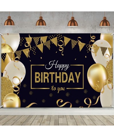 Happy Birthday Backdrop Banner Extra Large Black and Gold Sign Poster for Men Women Birthday Anniversary Party Photo Booth Ba...
