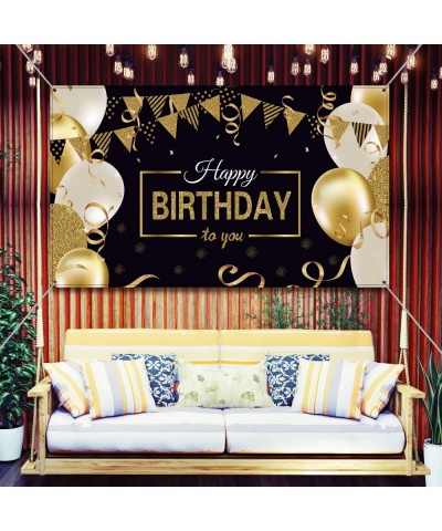 Happy Birthday Backdrop Banner Extra Large Black and Gold Sign Poster for Men Women Birthday Anniversary Party Photo Booth Ba...