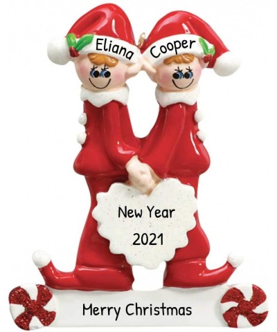 Personalized Sweet Hearts Elves Christmas Tree Ornament 2020 - Cute Red Happy Romantic Elf Couple Together Sibling Best Frien...