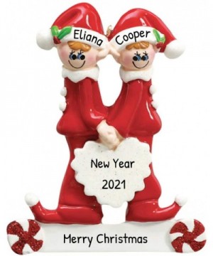 Personalized Sweet Hearts Elves Christmas Tree Ornament 2020 - Cute Red Happy Romantic Elf Couple Together Sibling Best Frien...