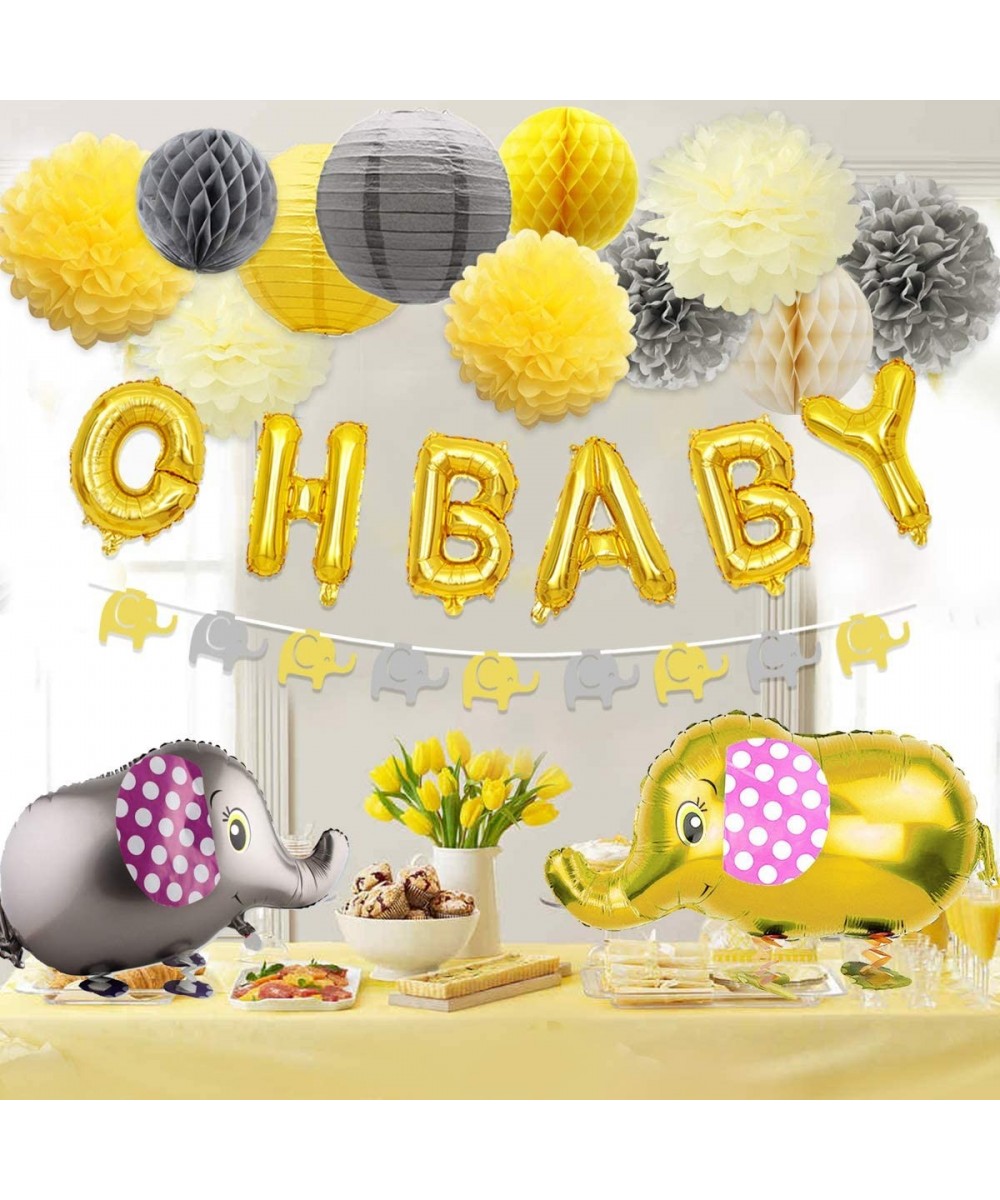 Baby Shower Decorations Neutral for Boy or Girl- Baby Shower Yellow and Gray Elephant Theme Paper Pom Poms and Lanterns- Elep...