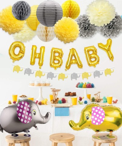 Baby Shower Decorations Neutral for Boy or Girl- Baby Shower Yellow and Gray Elephant Theme Paper Pom Poms and Lanterns- Elep...