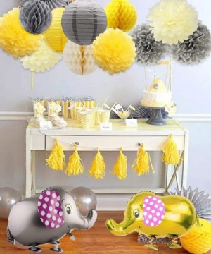 Baby Shower Decorations Neutral for Boy or Girl- Baby Shower Yellow and Gray Elephant Theme Paper Pom Poms and Lanterns- Elep...