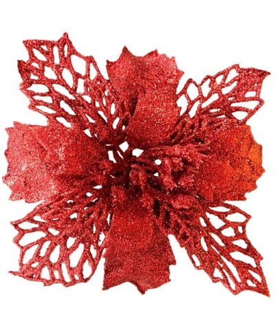 16 Pcs Glitter Poinsettia Christmas Flowers Christmas Tree Ornaments Christmas Decorations Christmas Tree Decorations - Red -...