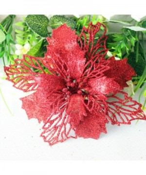 16 Pcs Glitter Poinsettia Christmas Flowers Christmas Tree Ornaments Christmas Decorations Christmas Tree Decorations - Red -...