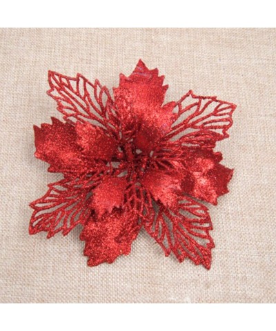 16 Pcs Glitter Poinsettia Christmas Flowers Christmas Tree Ornaments Christmas Decorations Christmas Tree Decorations - Red -...