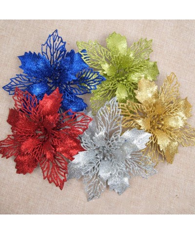 16 Pcs Glitter Poinsettia Christmas Flowers Christmas Tree Ornaments Christmas Decorations Christmas Tree Decorations - Red -...