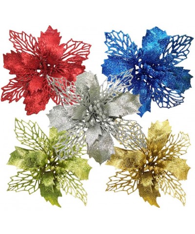16 Pcs Glitter Poinsettia Christmas Flowers Christmas Tree Ornaments Christmas Decorations Christmas Tree Decorations - Red -...